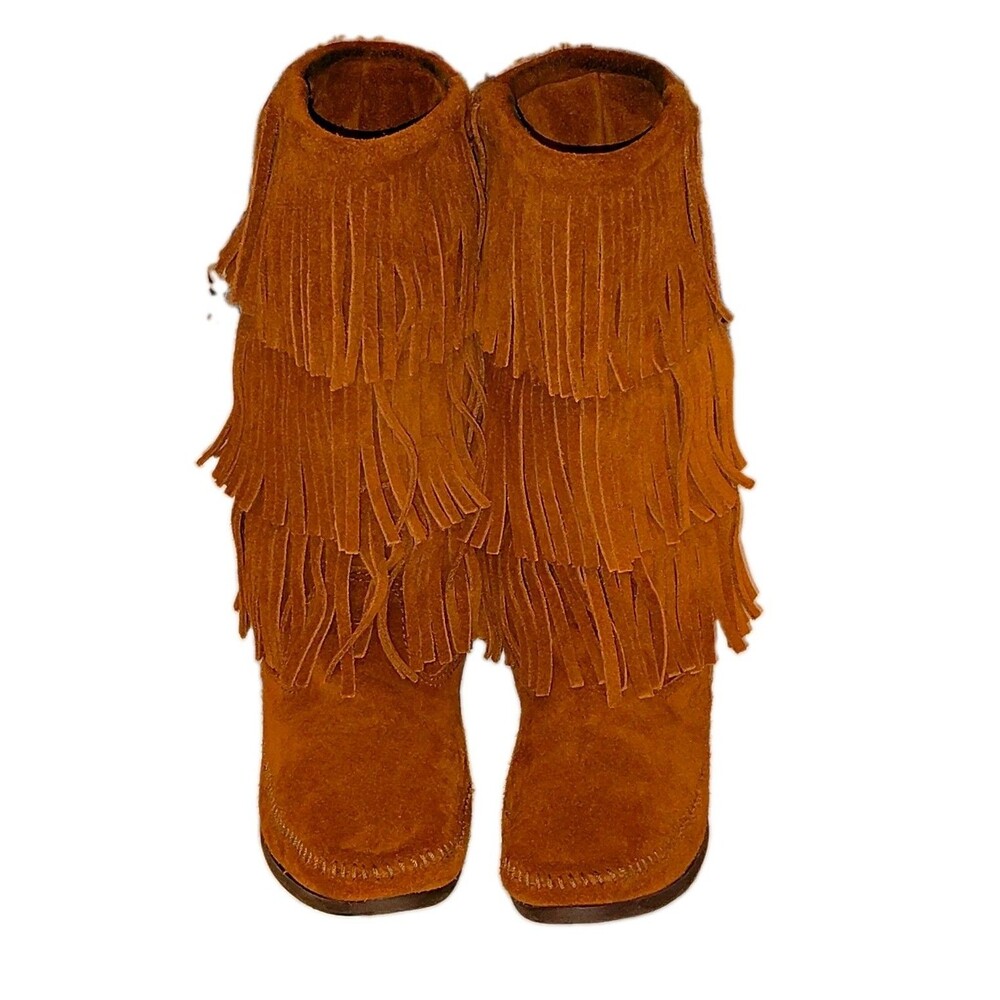 Minnetonka Brown Suede Fringe Mid-Calf Pull On Boots Women’s Size 11 1632